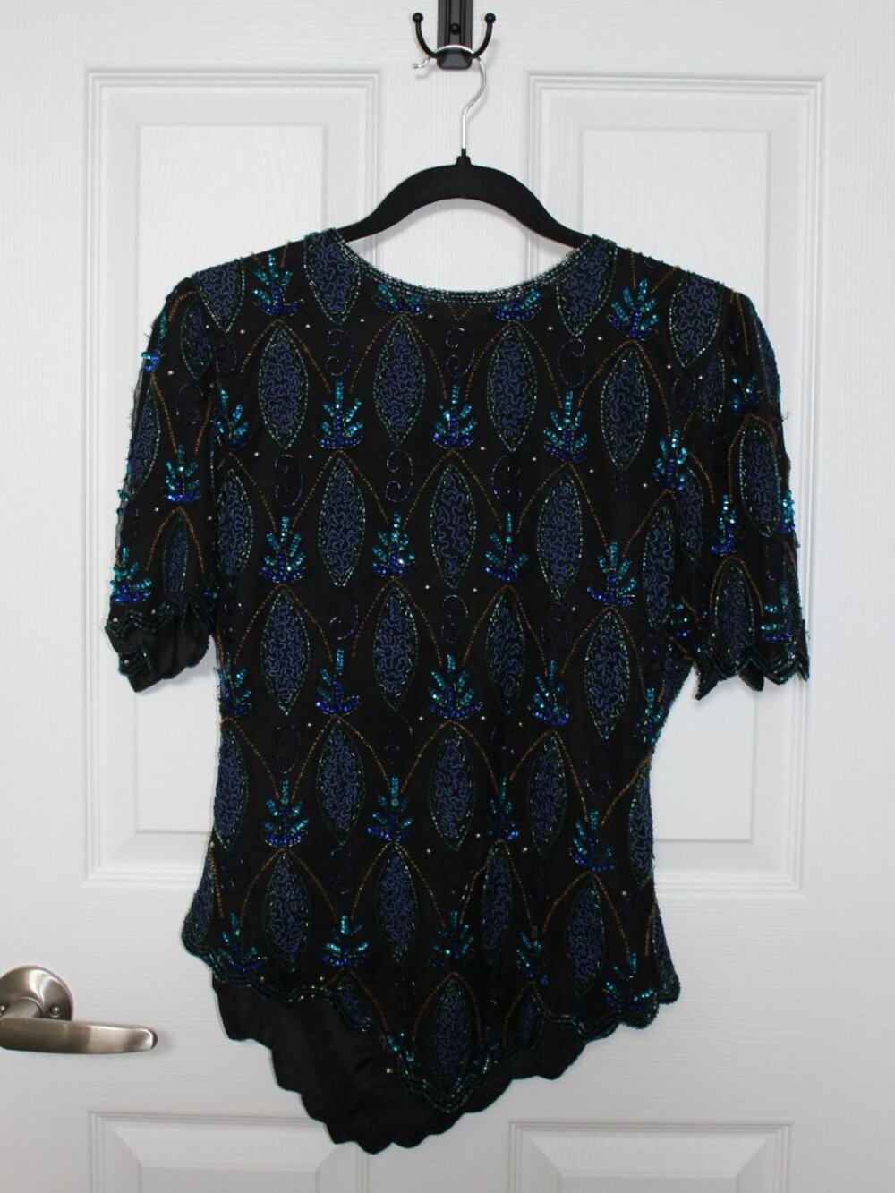 Vintage Laurence Kazar Beaded Black Evening Top with Blue-Green Sequin Detail